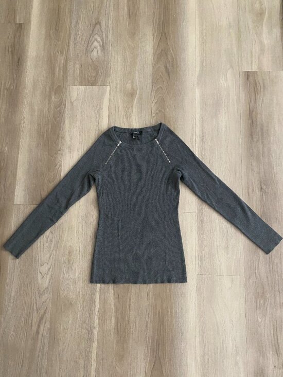 INC International Concepts Sweaters - International Concepts Ribbed Long Sleeve Top Small Gray Zip Detail Fitted